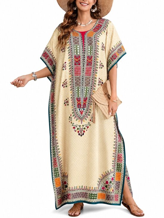 Gypsie Blu Dresses & Skirts - Tribal Print Beige Polyester Kaftan Dress Kimono Sleeve for Women By Gypsie Blu